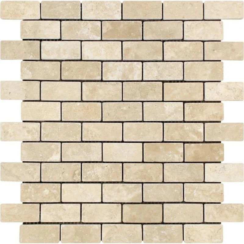 1x2 Tumbled Durango Travertine Brick Mosaic Tile.