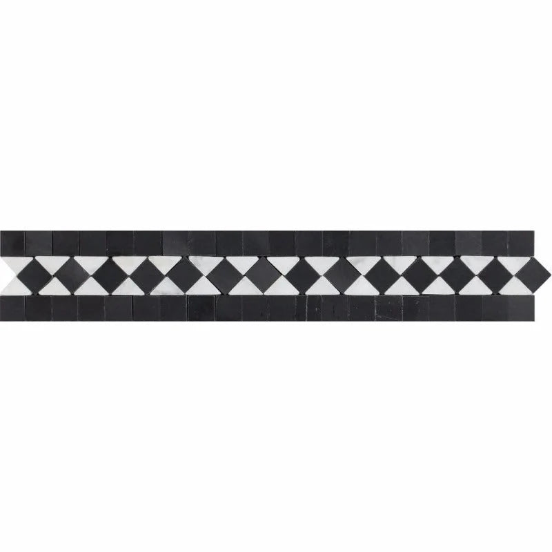 2x12 Honed Bianco Carrara Marble BIAS Border w/ Black Dots.