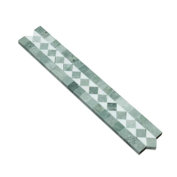 2x12 Honed Thassos White Marble BIAS Border w/ Ming Green Dots.