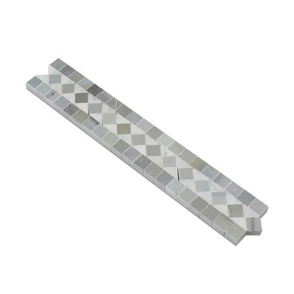 2x12 Polished Bianco Carrara Marble BIAS Border w/ Blue-Gray Dots.