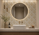 White gold marble geometric mosaic tile by Mythology Tile featuring intricate marble patterns and a modern mosaic design.