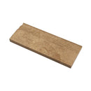 Five 12-inch honed Noce travertine baseboard trims from MosaicBros.com, showcasing smooth, natural stone molding with a warm beige tone.