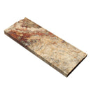 Five 12-inch honed Scabos travertine baseboard trims from MosaicBros.com, showcasing natural stone with smooth, matte finish.