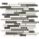 Pattern of interlocking rectangular tiles in various shades of gray and white on a white background