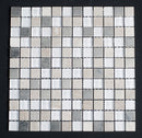 Square mosaic tile sample with gray and white tiles on a black background
