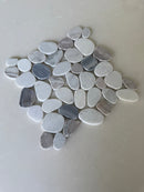 Natural stone pebble mosaic tile by Roca, 11x11 inch Mist Mix mosaic featuring smooth, rounded pebbles in neutral tones.