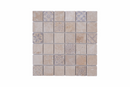 Tumbled travertine mosaic tiles in a 2x2 inch pattern from Mythology Tile, showing neutral-toned, textured natural stone tiles.