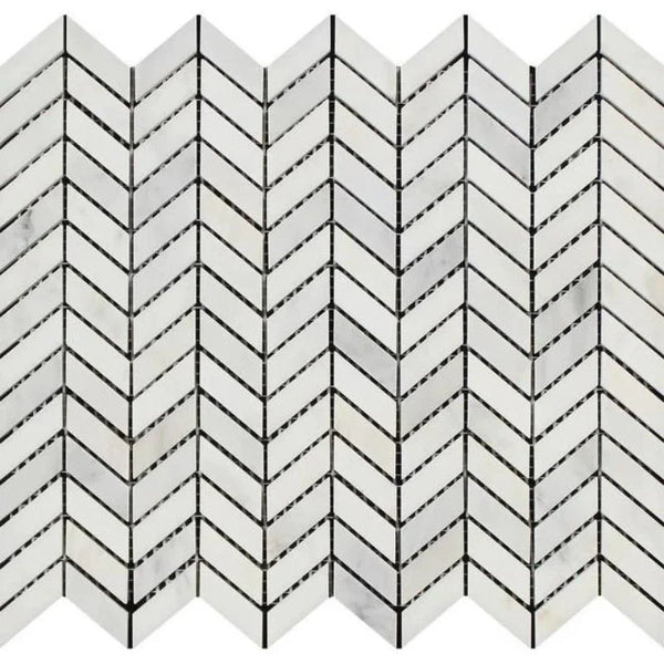 Asian Statuary (Oriental White) Marble Mini Chevron Honed Mosaic Tile.