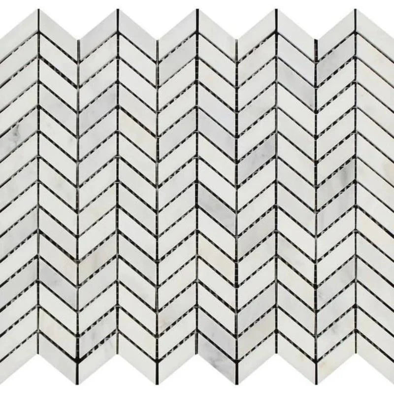 Asian Statuary (Oriental White) Marble Mini Chevron Honed Mosaic Tile.
