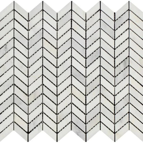 Asian Statuary (Oriental White) Marble Mini Chevron Polished Mosaic Tile.
