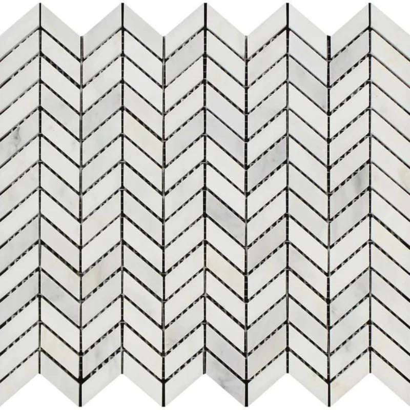 Asian Statuary (Oriental White) Marble Mini Chevron Polished Mosaic Tile.