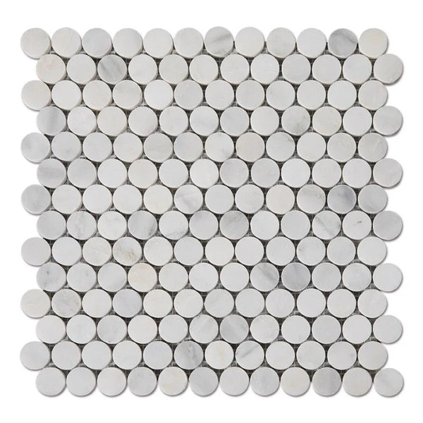 Asian Statuary (Oriental White) Marble Penny Round Polished Mosaic Tile.