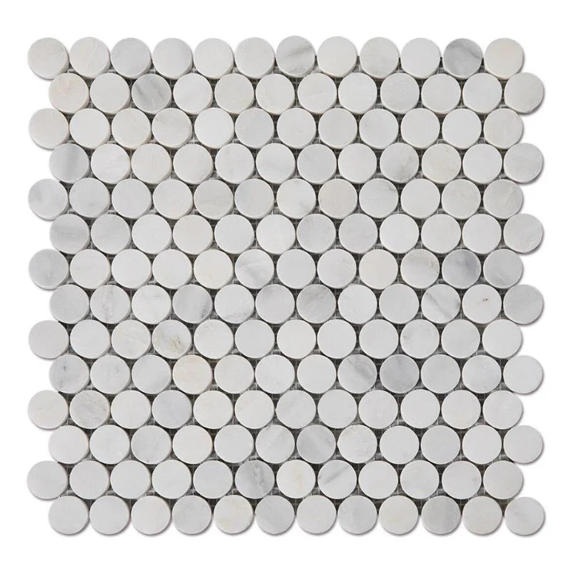 Asian Statuary (Oriental White) Marble Penny Round Polished Mosaic Tile.