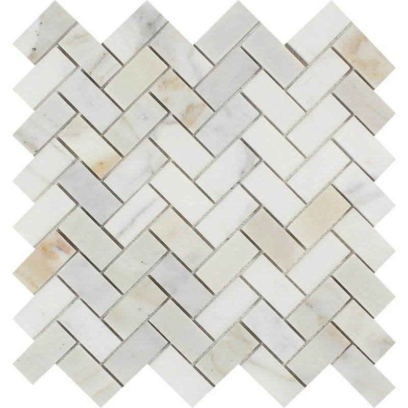 Calacatta Gold Marble 1x2 Herringbone Polished Mosaic Tile.
