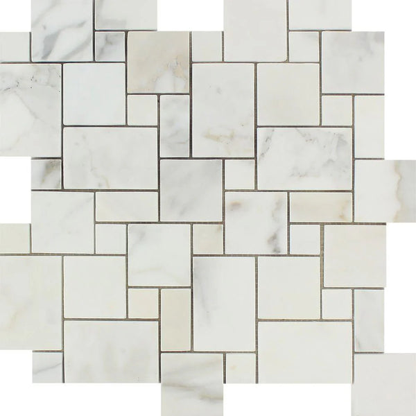 Calacatta Gold Marble Mini Versailles Pattern Honed Mosaic Tile.