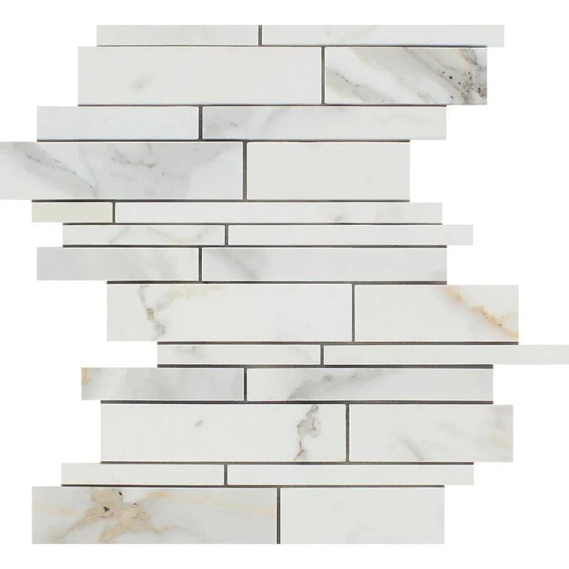 Calacatta Gold Marble Random Insert Strip Honed Mosaic Tile.