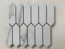 Calacatta polished marble picket mosaic tile featuring white marble with bold gray veining in a linear pattern