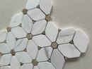 Cecily crystal white honed marble mosaic tile featuring soft white stone with natural brown dot accents