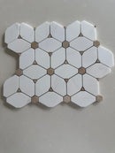 Cecily White Dolomite honed marble mosaic tile featuring an elegant floral-inspired pattern