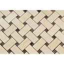 Crema Marfil polished marble basketweave mosaic tile with dark dot accents, showcasing elegant natural stone pattern.