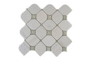 Polished marble mosaic tile featuring green and dolomite tones from Mythology Tile's Cosima collection.