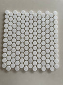 Dolomite polished 1-inch penny round marble mosaic tile featuring bright white marble and natural gray veining
