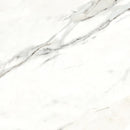 Large format marble look porcelain tile floor with white background and gray veining
