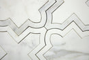 Geometric white marble mosaic tile with curved waterjet-cut pattern detail