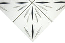 Close-up of Mythology Tile Harmony White Waterjet Marble Mosaic tile showcasing white and black marble pattern.