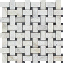 Calacatta Gold Honed Marble Basketweave Mosaic Tile w/ Black Dots.