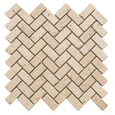 Ivory Travertine 1x2 Herringbone Tumbled Mosaic Tile.