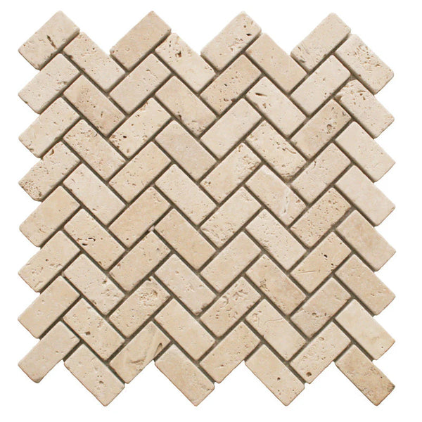 Ivory Travertine 1x2 Herringbone Tumbled Mosaic Tile.