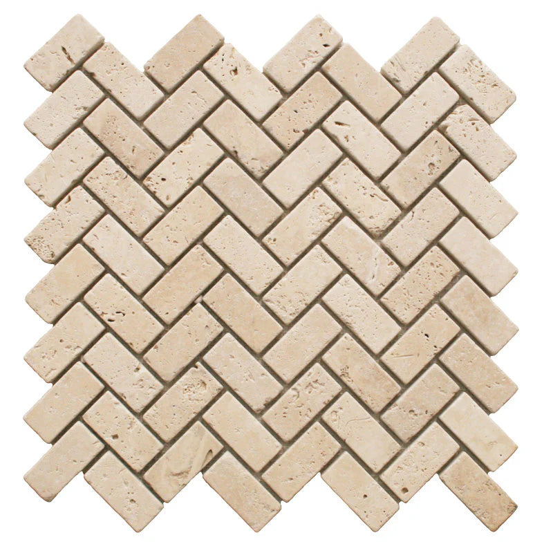 Ivory Travertine 1x2 Herringbone Tumbled Mosaic Tile.