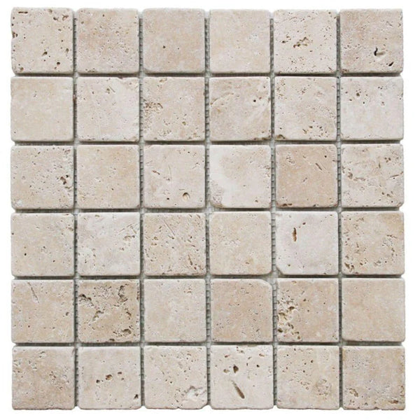 Ivory Travertine 2x2 Tumbled Mosaic Tile.
