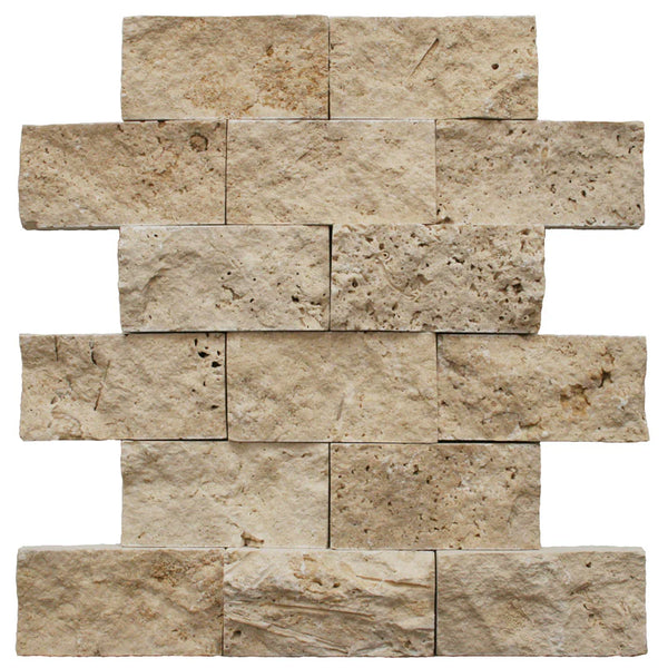 Ivory Travertine 2x4 Split Face Mosaic Tile.