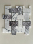 Lilac Marble Large Basketweave Mosaic Tile with White Dot accents and natural gray veining