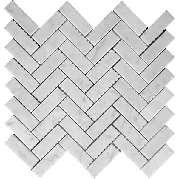 Marbella Carrara 1x3 Herringbone Honed Bianco Carrara Mosaic Tile.
