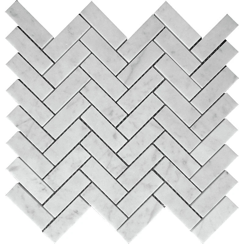 Marbella Carrara 1x3 Herringbone Polished Bianco Carrara Mosaic Tile.