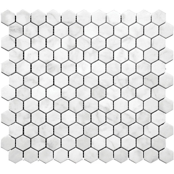 Marbella Carrara Hex 1x1 Honed Bianco Carrara Mosaic Tile.