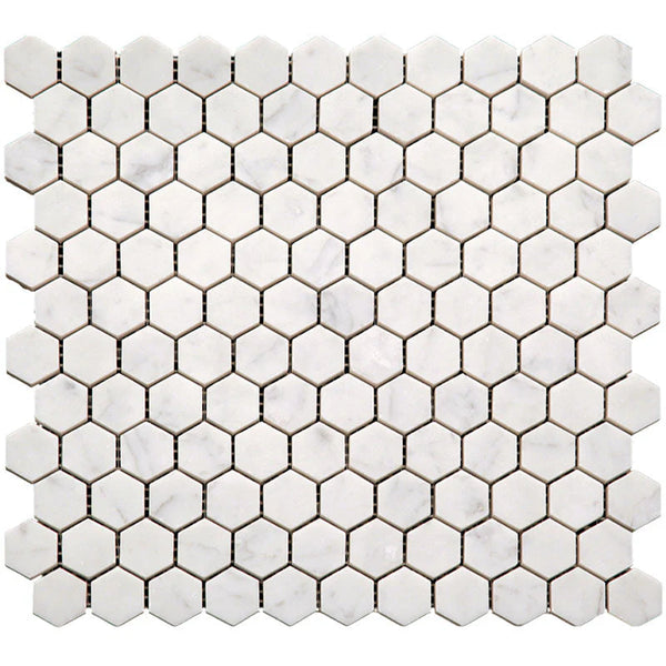 Marbella Carrarra Hex 1x1 Polished Bianco Carrara Mosaic Tile.