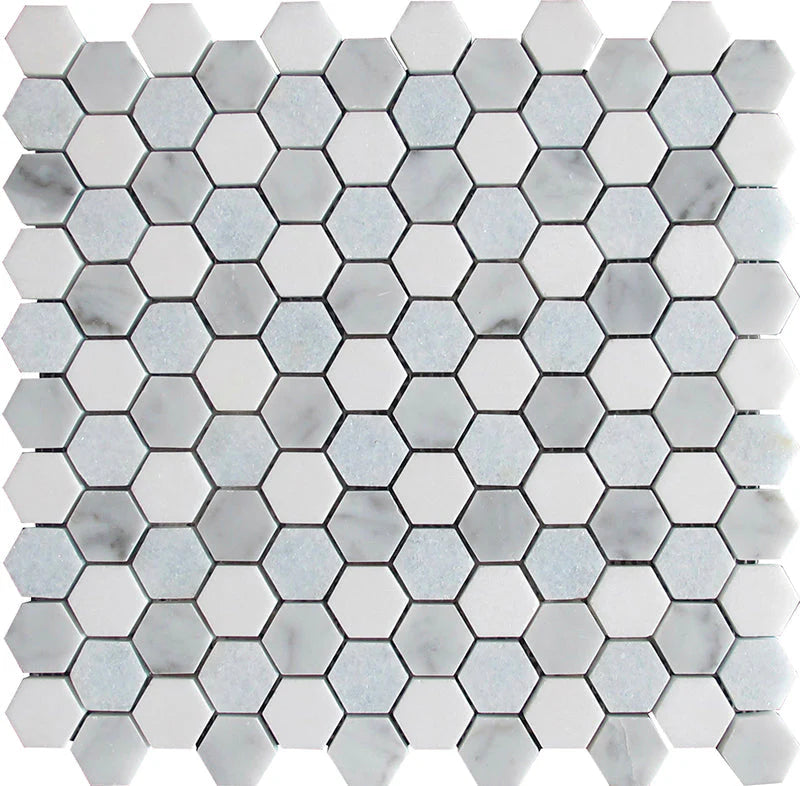 MYKONOS KORFOS Thassos/Carrara/Blue Celeste Mosaic Tile.
