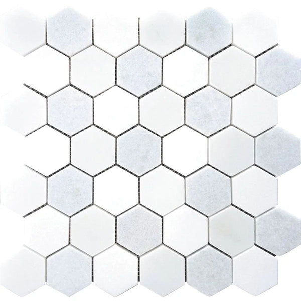 Mykonos Panormos Thassos/blue Celeste/paper White Mosaic Tile.