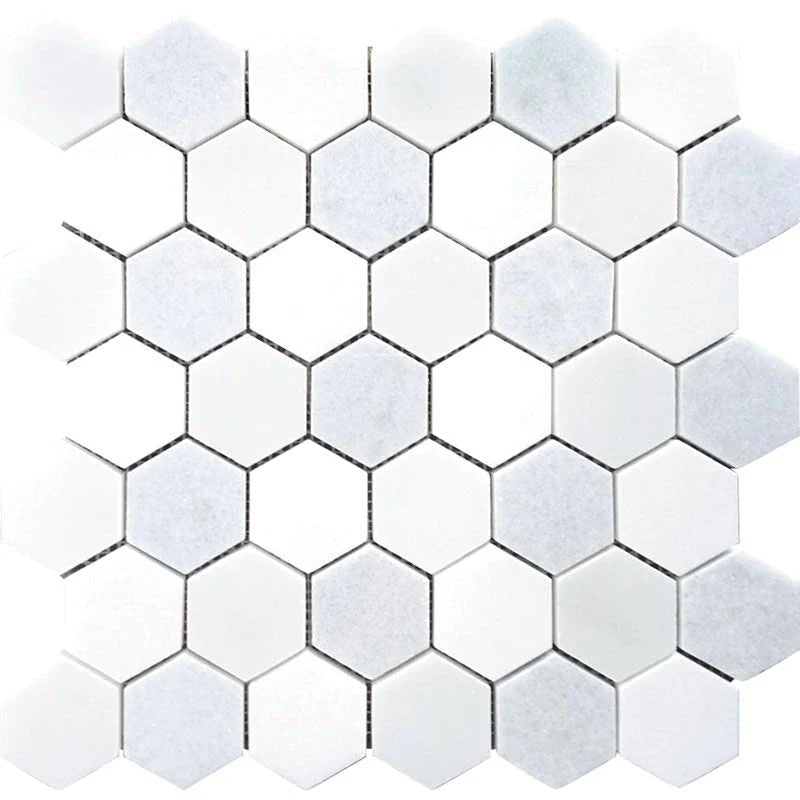 Mykonos Panormos Thassos/blue Celeste/paper White Mosaic Tile.