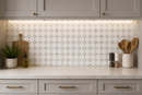 Nestor white marble mosaic tile with green dot and dolomite honed finish, ideal for backsplashes, by Mythology Tile