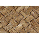 Noce Exotic vein-cut unfilled brushed travertine mosaic tile with basketweave pattern, showcasing natural earthy tones and textured surface.