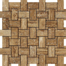 Noce Exotic vein-cut brushed travertine mosaic tile with basketweave pattern, natural stone texture, suitable for wall and floor applications.