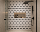 North Star White and Nero Waterjet Honed Marble Mosaic Tile by Mythology Tile, showcasing intricate pattern and smooth waterjet finish.