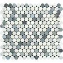 Oriental White Polished Marble Penny Round Mosaic Tile (Oriental White + Thassos + Blue).