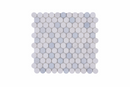 Blue and dolomite honed marble penny round mosaic tile by Mythology Tile, showcasing smooth, circular stone pieces for elegant surfaces.