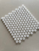 Polished Dolomite penny round marble mosaic installed on a luxury bathroom floor